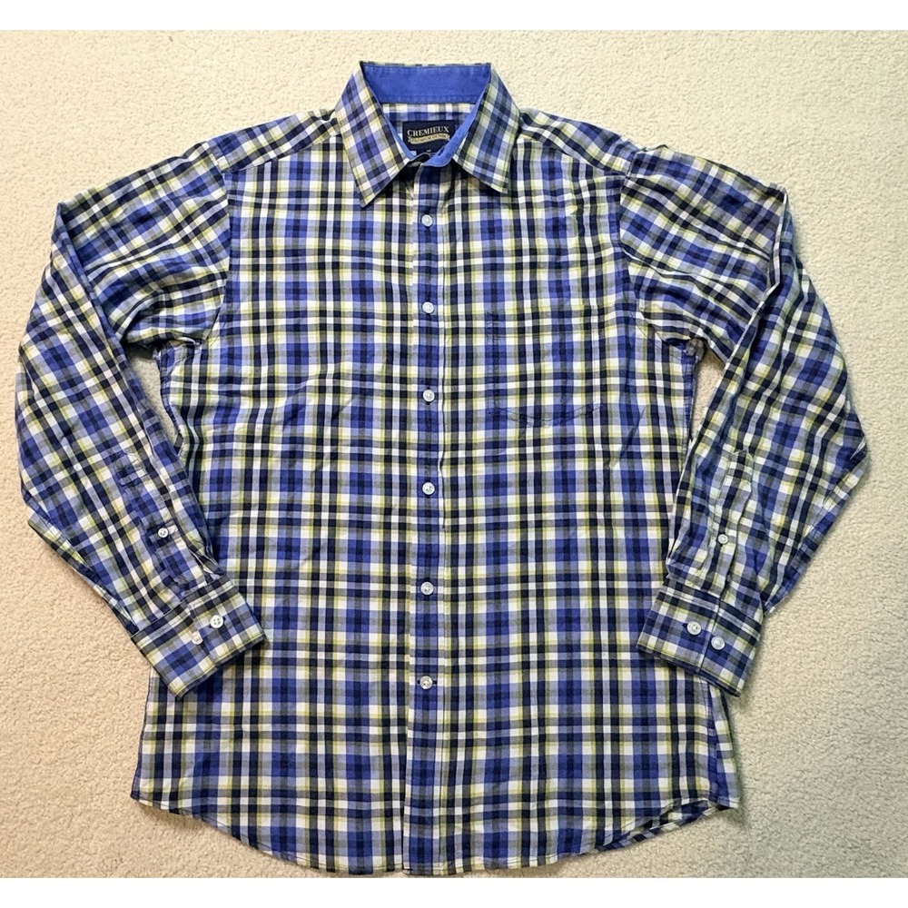 Cremieux Premium Denim Plaid Button Down Shirt Mens Medium Blue Yellow Cotton